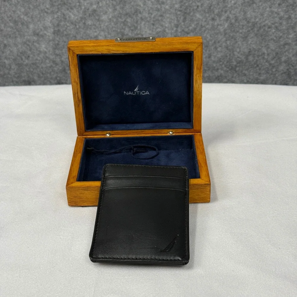Nautica Mens Black Leather‎ Card Holder Wallet Money Clip With Wooden Box